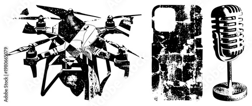 Retro microphone on stand, quadcopter drone with broken, cracked phone case texture, vector art, isolated objects.