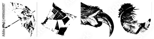 Black and white halftone vector illustrations of four distinct subjects weathered umbrella, geometric manta ray, sharp talon, and spiky quill, rendered with gritty texture and stark contrast.