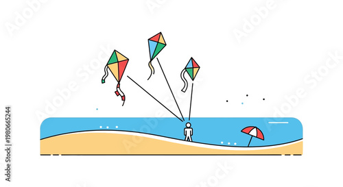 Kites flying over sandy beach scene.
