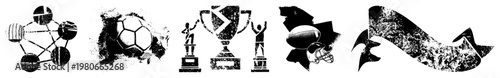 Athletic achievement soccer ball, football, trophy, player statues, victory motifs, sport themed graphics, competitive success symbols.