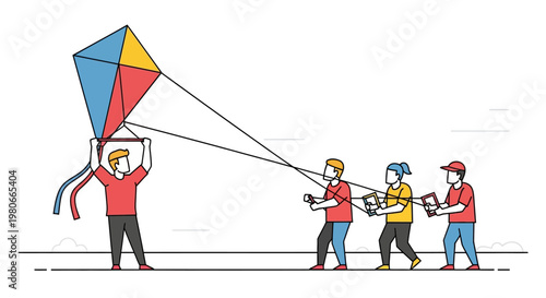 People flying colorful kite outdoors.