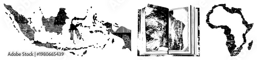 Stylized halftone maps of Indonesia and Africa rendered in vector, accompanied by an open book with textured pages, all in, ideal for educational or geographic design.