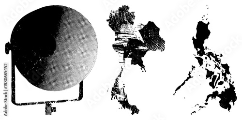 Retro film projector with halftone, stylized ink blot shapes, graphic design elements, vector art, artistic composition.