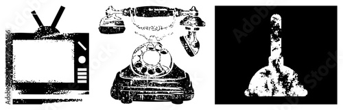 Retro TV with antenna, rotary dial telephone, and plunger rendered in gritty halftone style, isolated vector graphics for design, flat silhouette with texture, nostalgic household objects.