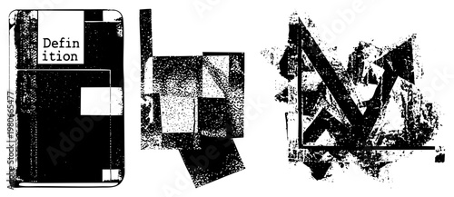 Fragmented geometric forms with halftone texture, abstract composition, graphic design elements, vector art, black and white, isolated shapes, modern minimalism.