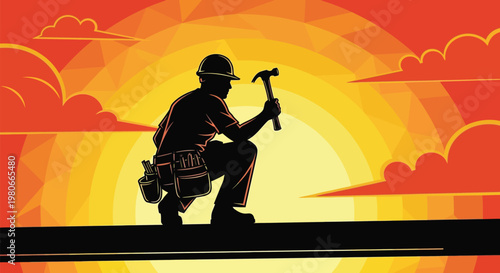 Construction worker silhouette with hammer, builder at sunset, industrial labor vector