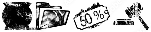 Weathered black including cooking pot, digital folder, 50% sale tag, and auction gavel, halftone texture, isolated vector symbols.