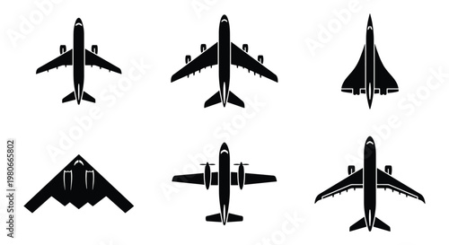 Airplane silhouette vector set, collection of 6 aircraft icons including commercial jet and military bomber, black aviation symbols on white background