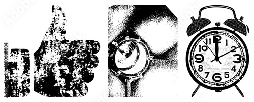 Hand giving thumbs up gesture, vintage wristwatch close up, classic alarm clock, halftone texture, graphic, isolated symbols, vector design elements.