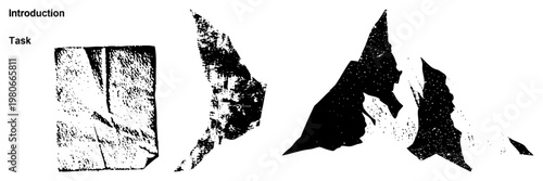 Rugged stone fragments rendered in halftone, textured vector shapes, isolated geological forms, graphic design elements, silhouette art.