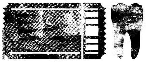 Black and white halftone graphic with film strip and tooth shapes, dot matrix texture, vector art, isolated foreground elements.