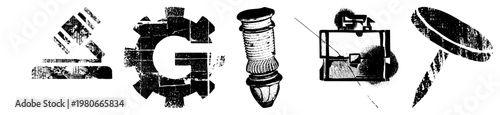 Vector graphic set of mechanical symbols gear, bolt, screw, toolbox, wrench rendered in gritty with halftone grain and fragmented edges for industrial design.