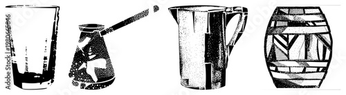 Retro glass, cezve, pitcher, and barrel rendered in halftone, vector art,, kitchen tools, vintage aesthetic.