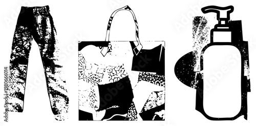 Stylish vector illustration of textured pants, tote bag, and pump bottle, rendered in high contrast halftone style, ideal for print or digital design projects.
