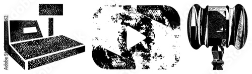 Retro cash register, play button, auction hammer graphic, halftone dot, black and white vector, isolated symbols, stylized design elements.