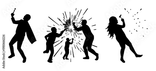 Party popper set with bold silhouette design featuring festive, celebratory, and party elements with fireworks and confetti