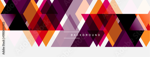 Geometric shapes create vibrant pattern. Orange, purple, pink hues dominate design. Modern background element for projects.