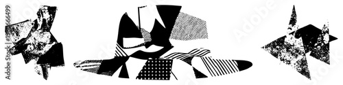 Modern abstract art featuring fragmented shapes, halftone, and distressed textures, ideal for graphic design,, or branding projects.