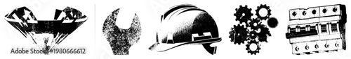 Diamond shaped gear, wrench, hard hat, mechanical gears cluster, electrical circuit breaker vector symbols for engineering, construction, and industrial applications.