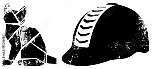 Geometric cat beside striped baseball helmet, high contrast, distressed texture. Urban art, sport mascot.