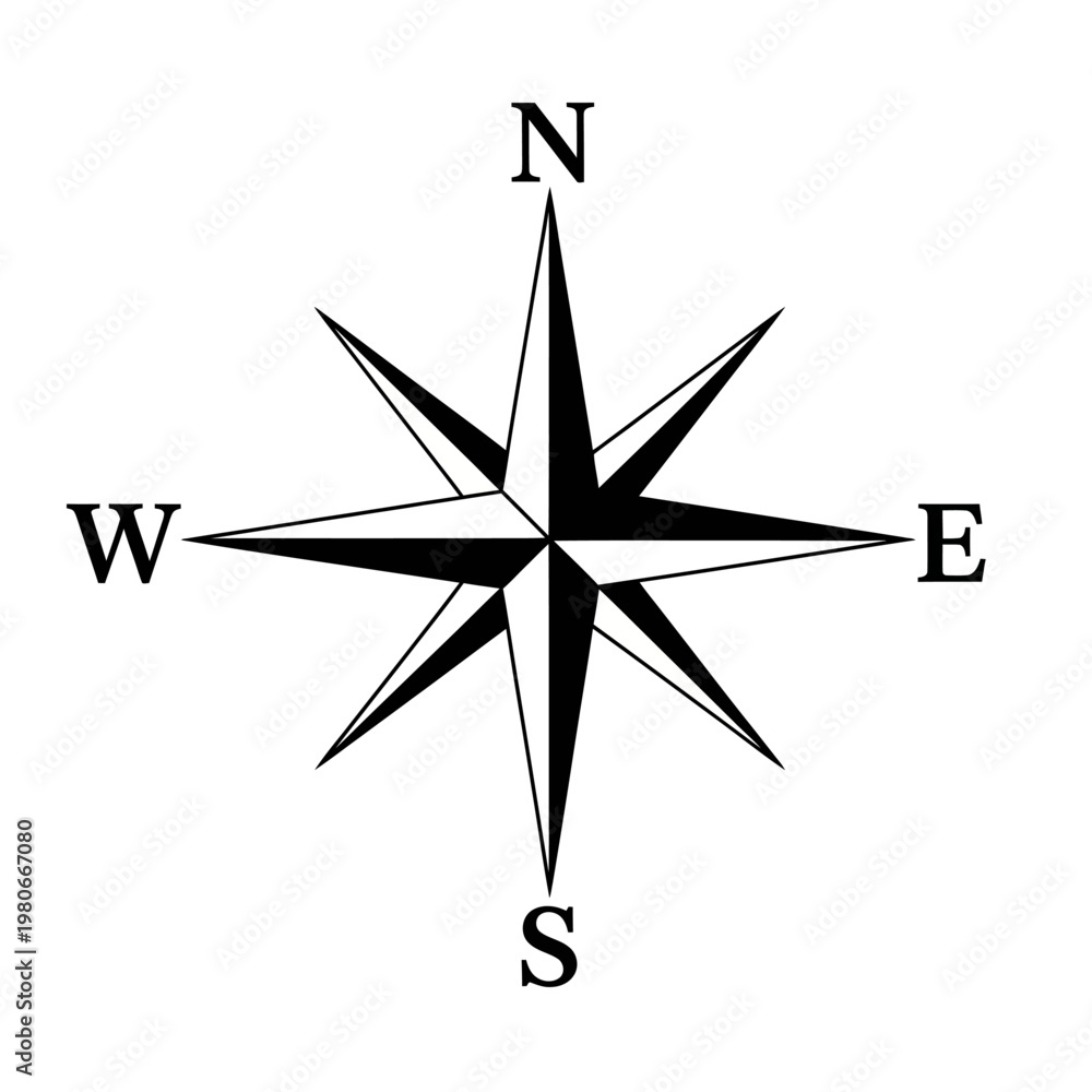 Fototapeta premium Black and white compass rose showing cardinal directions.