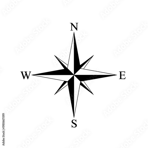 Black and white compass rose showing cardinal directions north south east west.
