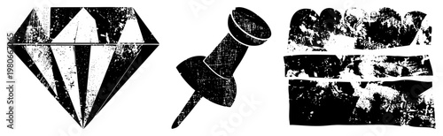 Distressed diamond gem, pushpin clip, toothy grin, vector set, textured graphic elements, isolated symbols, halftone style.