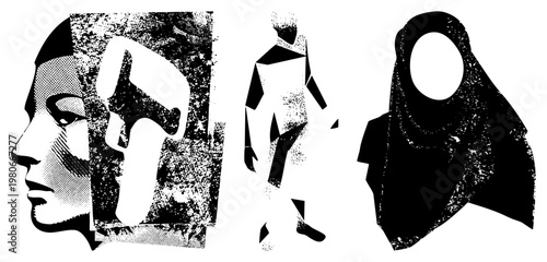 Stylized halftone portraits of a woman, man, and person in hijab, rendered in high contrast black and white with grainy texture, graphic art, vector cutouts.