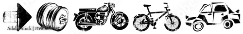 Vector of transport modes motorcycle, bicycle, car, weight plate, arrow. Stylized,, gritty texture, isolated symbols for design, UI, or infographics.