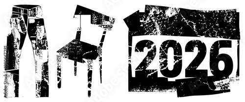 Vintage grunge calendar showing year 2026, paired with distressed jeans and chair cutouts, high contrast black and white, urban streetwear aesthetic, retro design, graphic art.