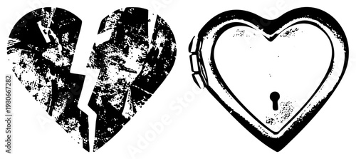 Shattered & locked symbolize breakup, separation, love lock. Black & white graphic. Relationship metaphor, romantic.