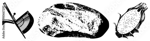 Gridded halftone rendering of three distinct objects curved tool, rough stone, and spiky fruit., stylized, graphic design elements.