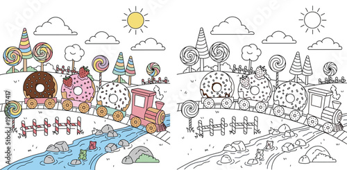 Fantasy Candy Land Train Carrying Giant Donuts Illustration, Sweet World Landscape with Color and Line Art Versions for Kids Coloring Book