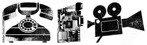 Classic rotary phone, electronic motherboard, old school movie camera tech nostalgia, halftone style, vector art, communication history, analog.