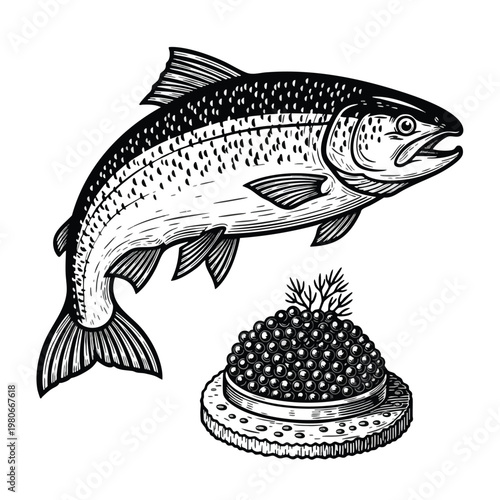 Realistic Illustration of Fresh Fish and Bait for Restaurant Menu or Fishing Advertisement