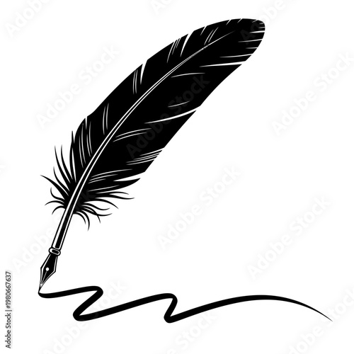 Black feather quill pen drawing a wavy line.