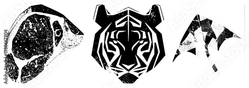 Vector tiger head, fish, and shark rendered in high contrast geometric, stylized wildlife, graphic design elements, halftone textures.