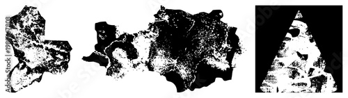 Fragmented organic shapes rendered in high contrast halftone, vector art with textured noise, isolated graphic elements, stylized digital composition.