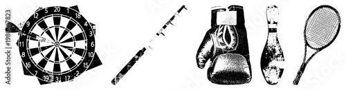 Classic sports equipment collection including dartboard, bat, gloves, pin, and racket, rendered in distressed black and white vector style for retro gaming or vintage decor.