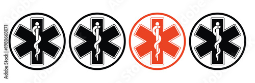 Emergency medical icons vector featuring star of life and rod of asclepius healthcare safety design in black blue orange teal isolated on white background