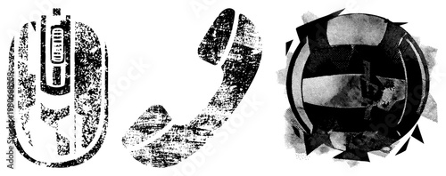 Retro telephone handset and globe rendered in halftone, distressed vector art, communication, vintage tech illustration, graphic design element.