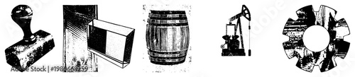 Set of five classic industrial tools and objects rubber stamp, glass block, wooden barrel, oil pump, gear wheel, vector.