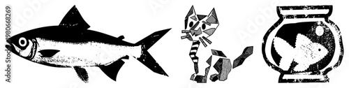 Retro black and white fish, geometric cat, and distressed fishbowl graphic, vintage illustration, stylized animal, halftone texture, isolated vector art.