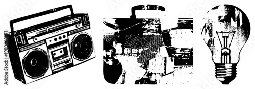 Classic portable stereo with cassette deck and speakers, vintage incandescent bulb, urban graffiti art style, black and white vector illustration, isolated objects.