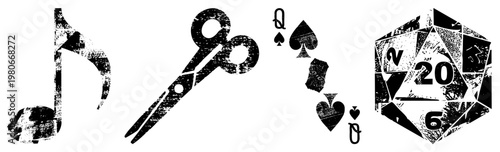 Distressed black musical note, scissors, queen spades, heart, d20 die stylized symbols for creativity, gaming, and crafting. Vector graphics with texture.