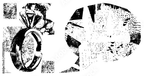 Classic solitaire ring with textured and band, vintage inspired jewelry, diamond engagement ring, retro bridal piece, black and white halftone graphic.