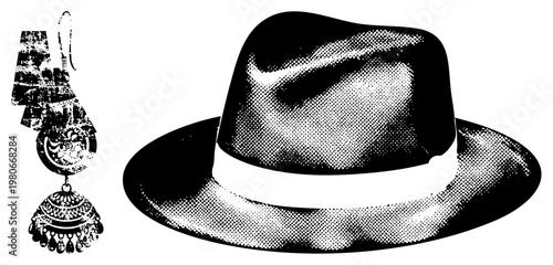 Classic fedora hat with white band, halftone texture, paired with intricate dangling earrings, retro fashion, vector design.