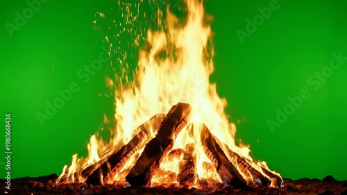A vibrant bonfire burns intensely against a bright green screen, creating a dynamic and visually striking scene perfect for compositing.