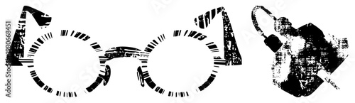 Retro eyewear with halftone texture, distressed lens, circular frames, keychain accessory, graphic vector design, aesthetic.