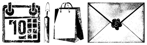 Retro styled including calendar with date 10, lit candle, paper shopping bag, and sealed envelope. graphic with distressed texture, symbolic of time, shopping, and correspondence.